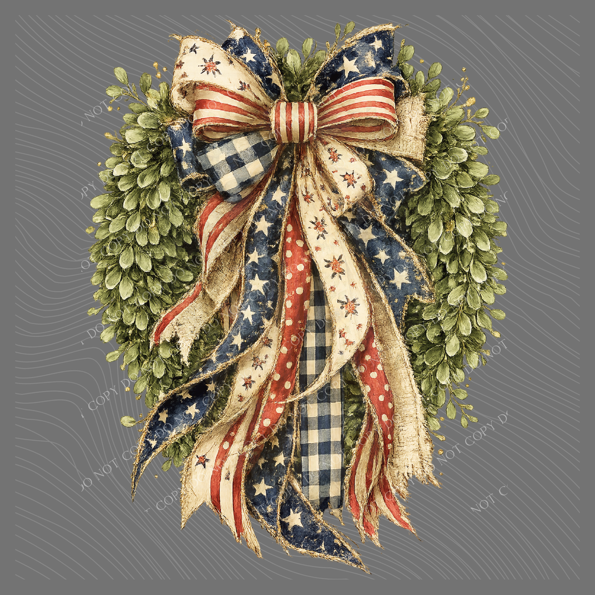 Patriotic Flag Ribbon with Boxwood Wreath, Digital Design, PNG