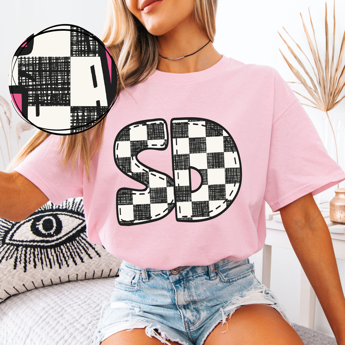 SD South Dakota Bubble Stitch Distressed Checkers Black White Digital Design, PNG