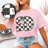 SD South Dakota Bubble Stitch Distressed Checkers Black White Digital Design, PNG