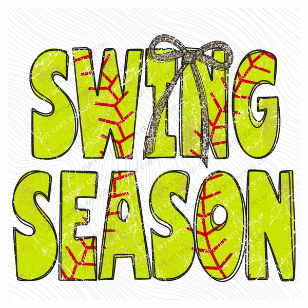Swing Season Softball Stitch Leopard Bow Doodle Distressed Digital Design, PNG