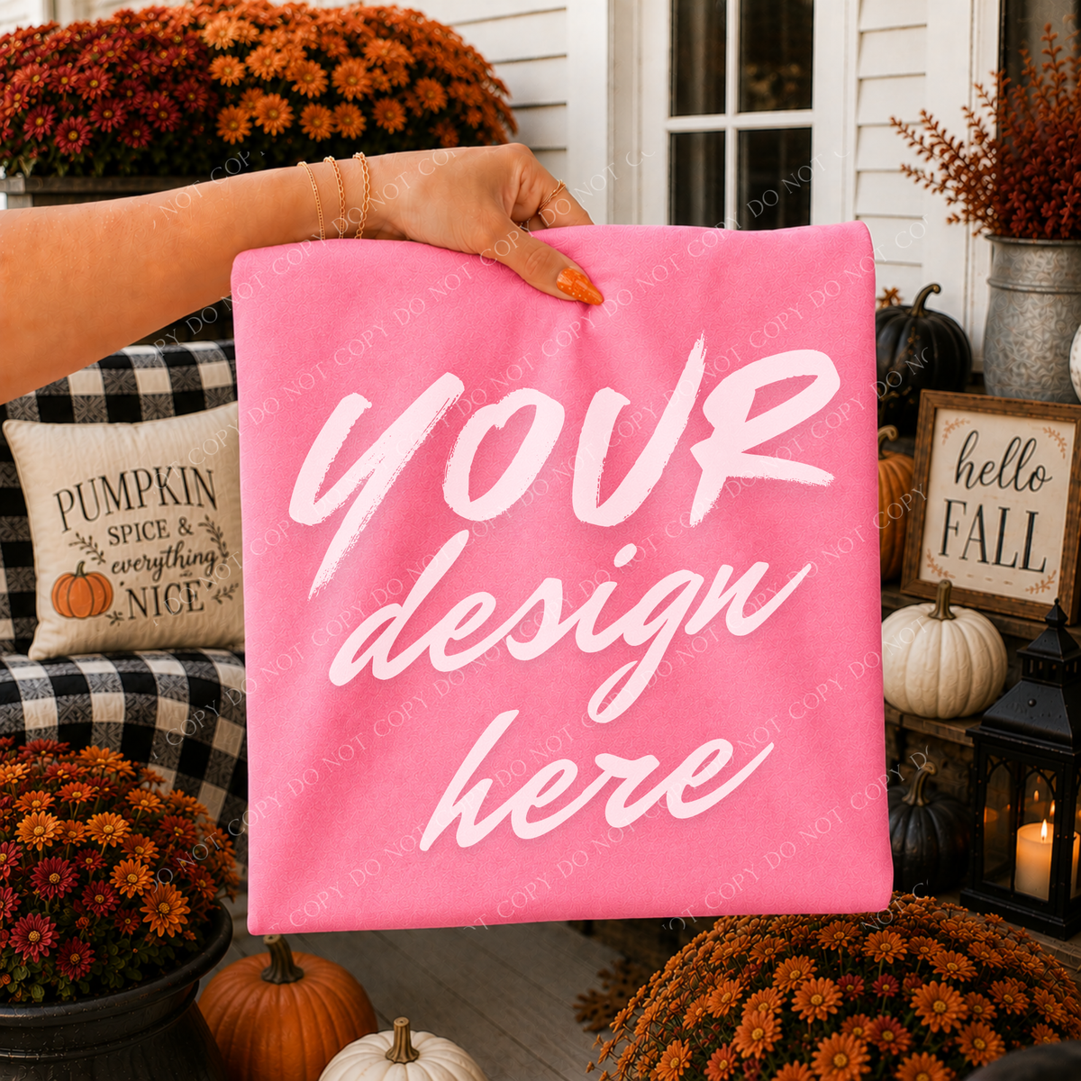 Fall Mums Porch Blank Sweatshirt Mockup, Gildan 18000 Safety Pink