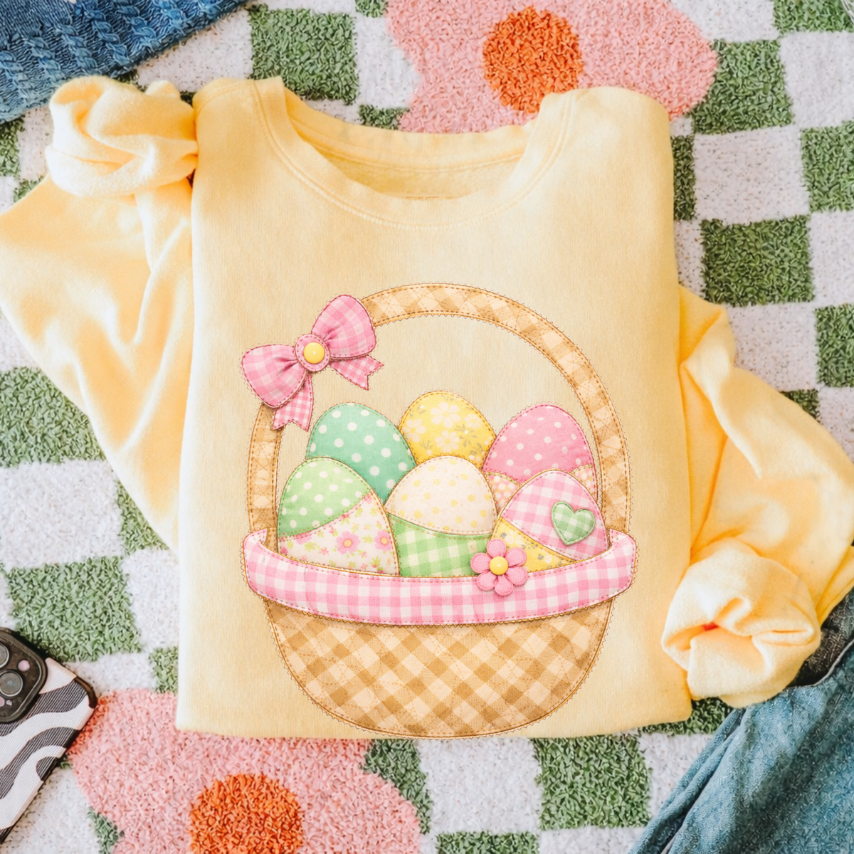 Easter Basket Spring Tones Quilted Faux Patch Digital Design, PNG