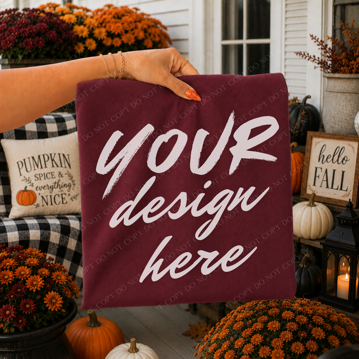 Fall Mums Porch Blank Sweatshirt Mockup, Gildan 18000 Maroon