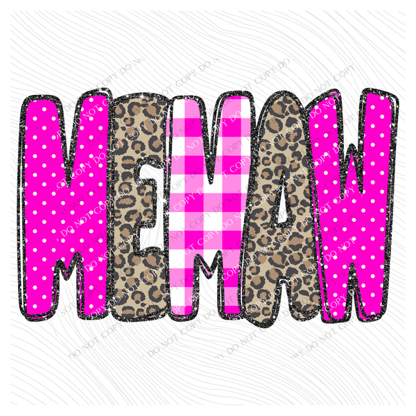 Memaw Leopard Glitter, Gingham & Dot in Bright Pink Digital Design, PNG