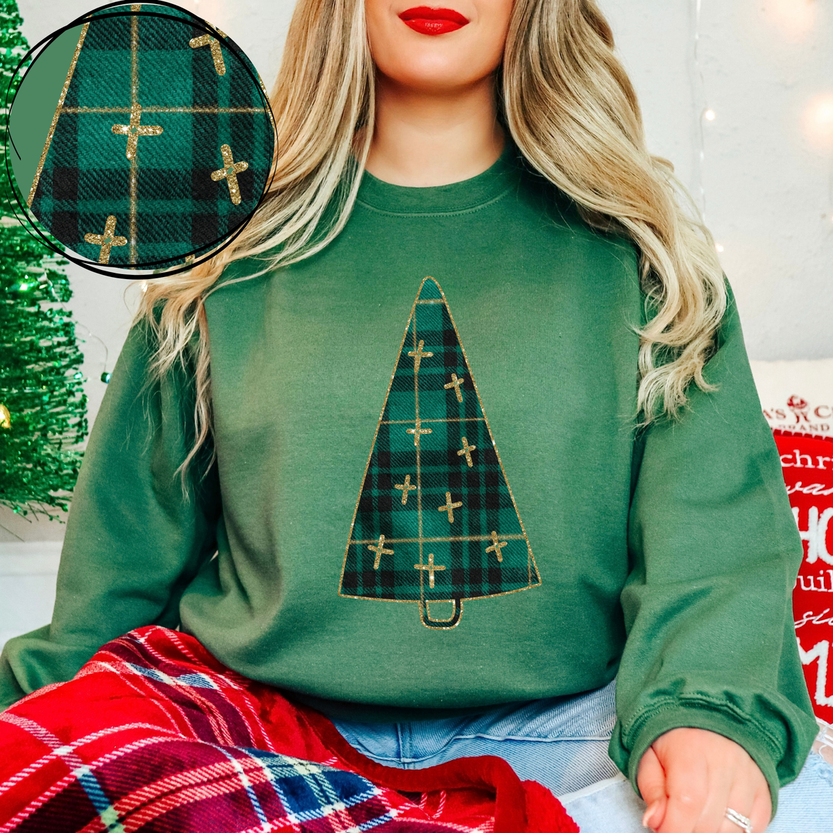 Tree with Crosses Green Plaid & Glitter Digital Download, PNG