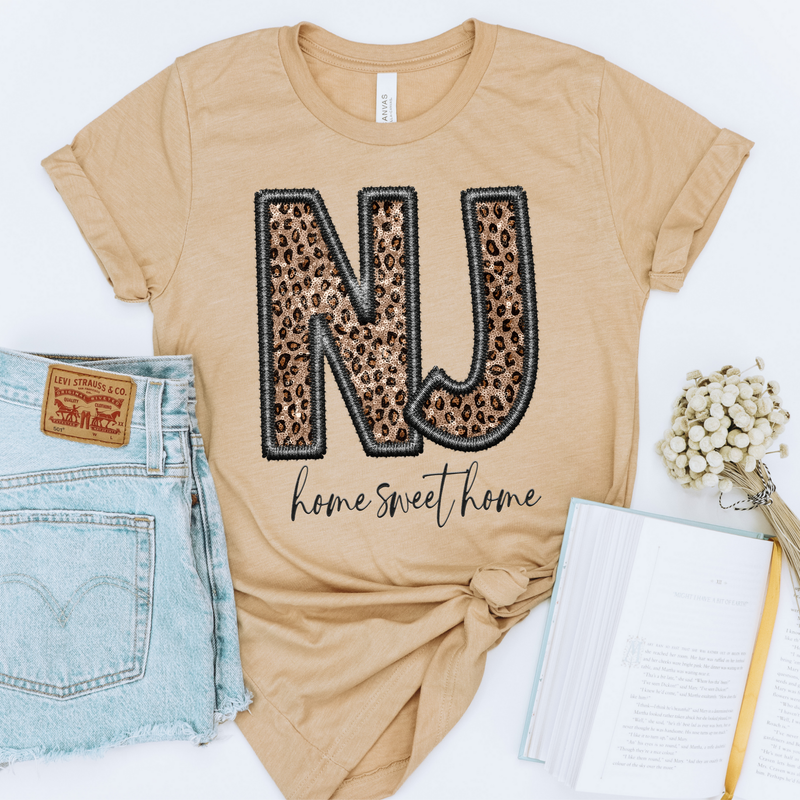 NJ New Jersey Faux Embroidery Leopard Sequin with separate Home Sweet Home Script in Black,  Digital Design, PNG