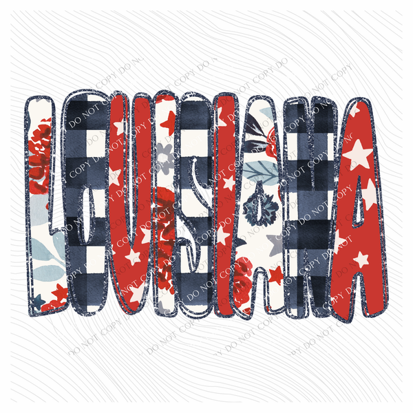 Louisiana Glitter, Floral, Gingham & Stars Patriotic Digital Design, PNG