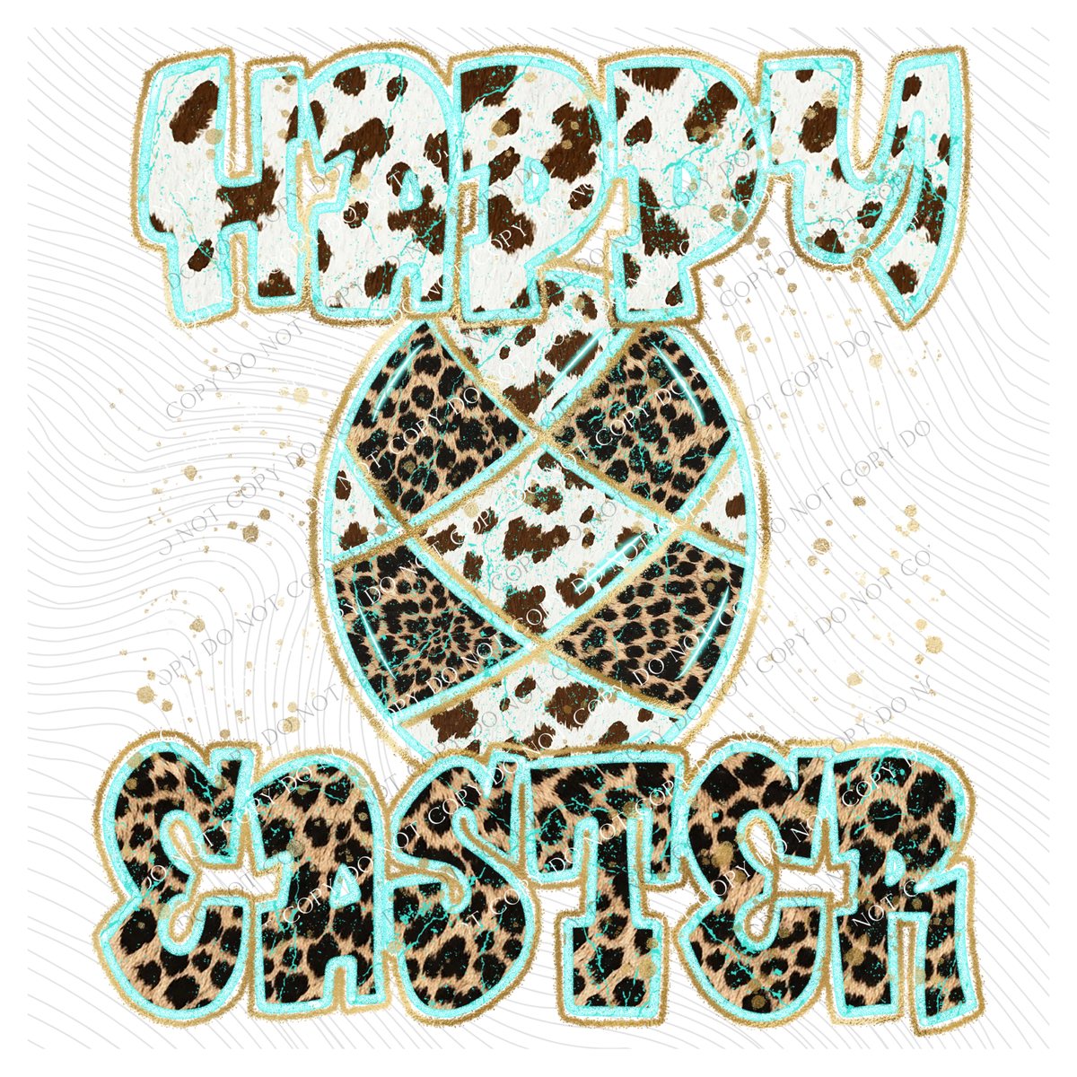 Happy Easter Turquoise Glow Gold Foil Western Leopard & Cow Print Digital Design, PNG Only
