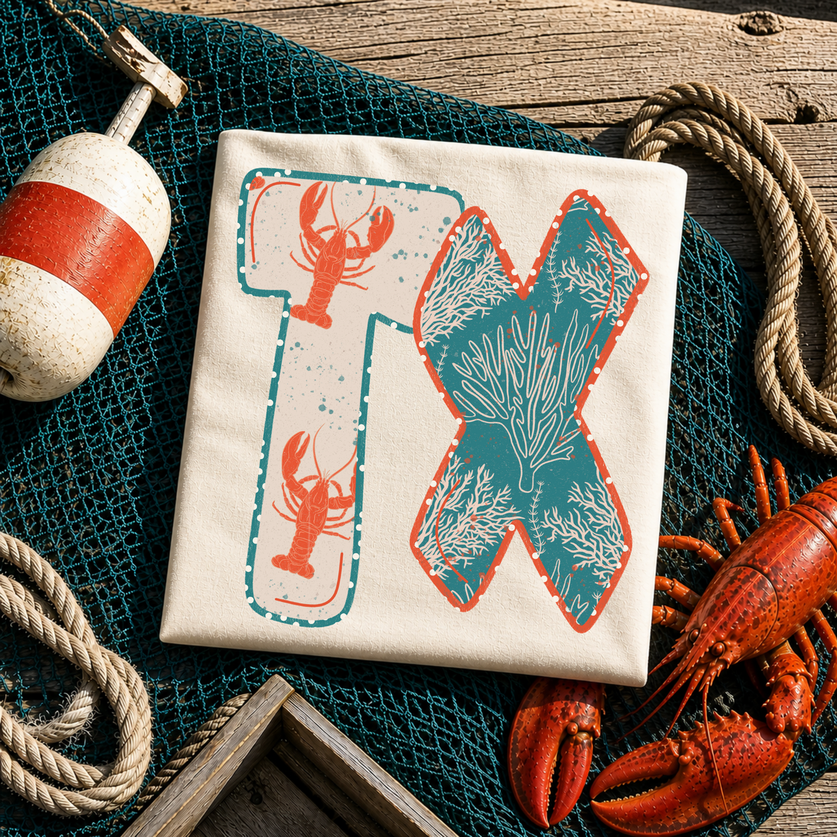 TX Texas Lobster Coral Reef Polka Dot Outline Digital Design, PNG