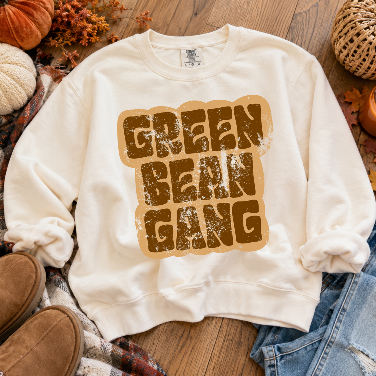 Green Bean Gang Retro Shadow Brown Distressed Digital Design, PNG