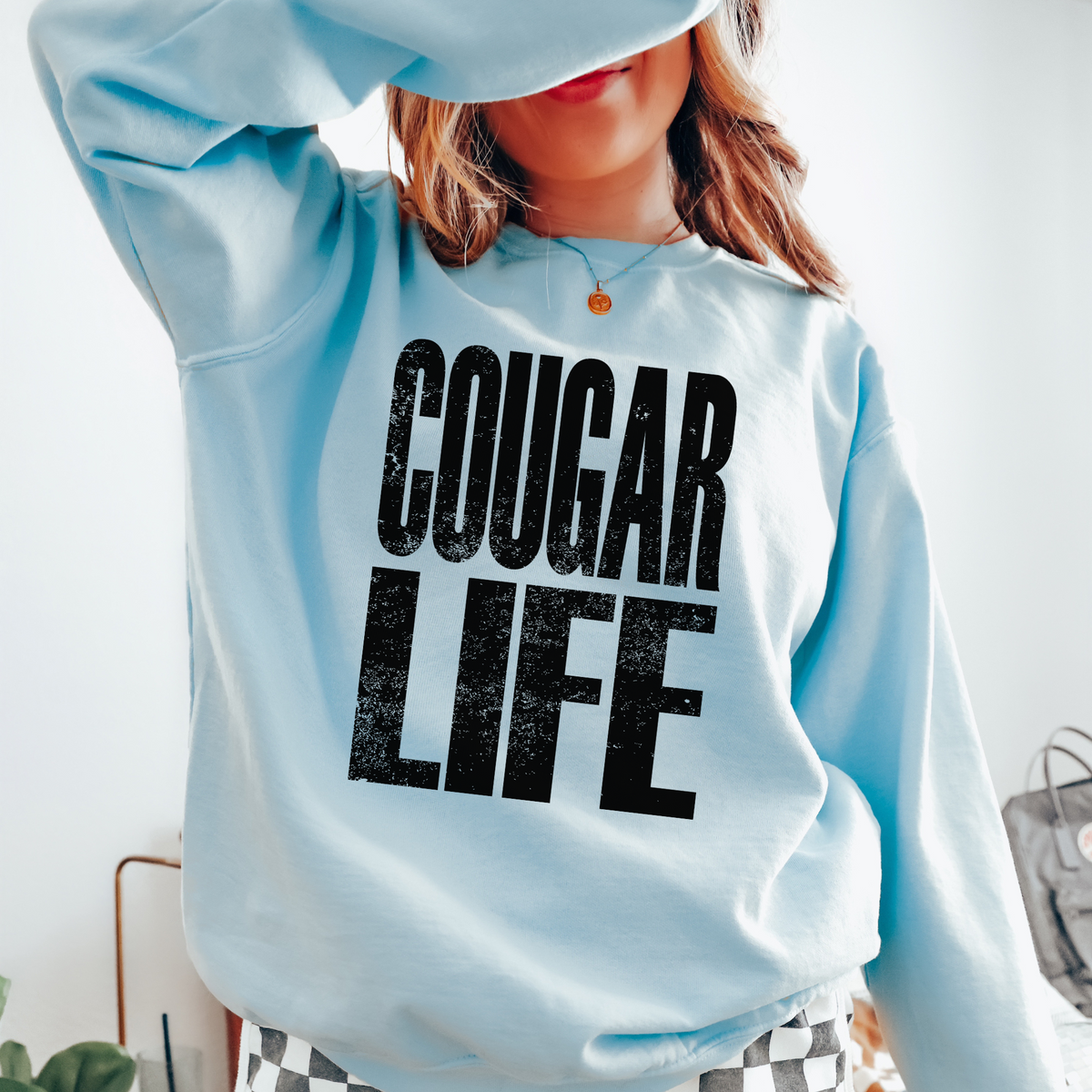 Cougar Life Faded Distressed Black Digital Design, PNG