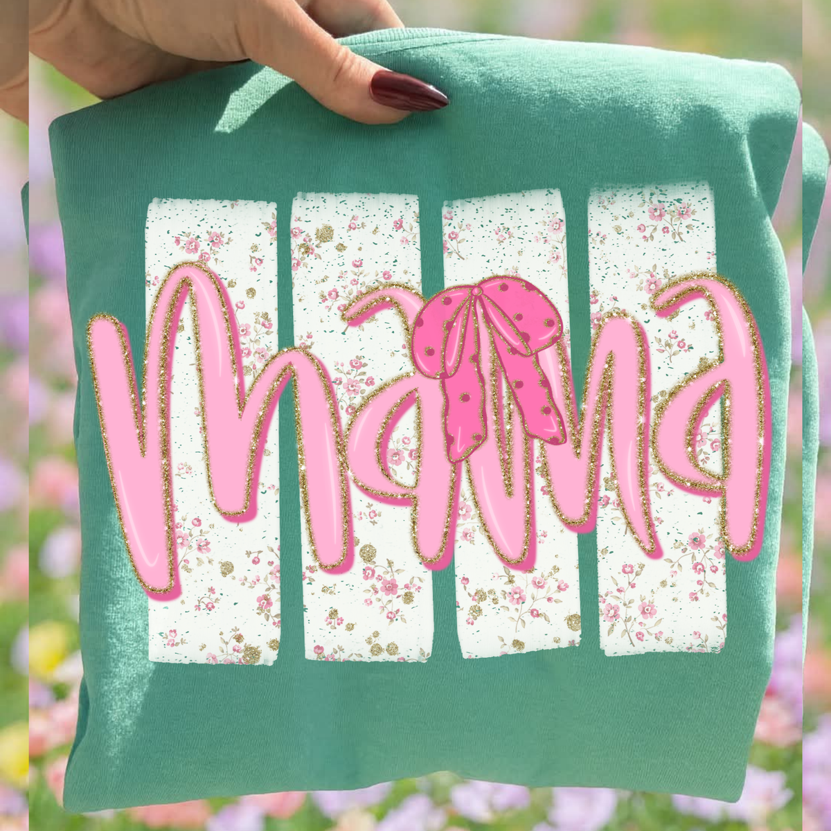 Mama Floral Distressed Stripes, Glitter & Bow Coquette Digital Design, PNG