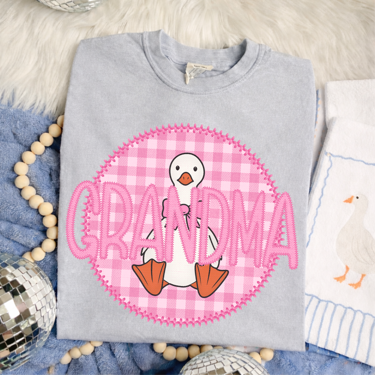 Grandma Goose Faux Embroidery Stitch Gingham Texture Circle Pink Digital Design, PNG