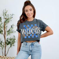 Wildcats Checkered Leopard & Sequin Star with Stitched Bolts in Blue & White Digital Design, PNG