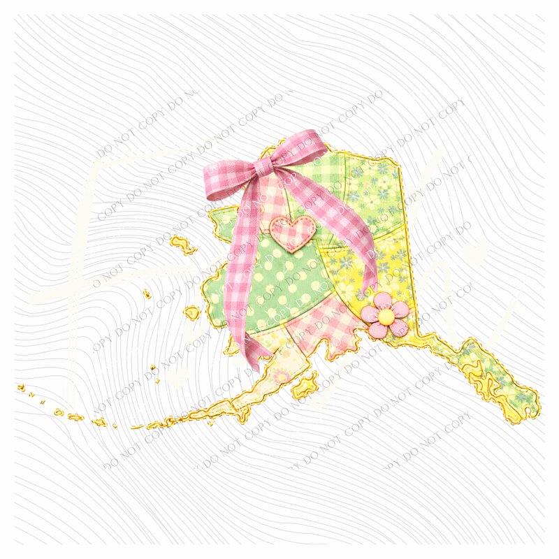 Alaska Spring Tones Quilted Faux State Patch with Bow Digital Design, PNG