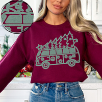 Hippie Van with Tree Green Chenille Style Outline Digital Download, PNG
