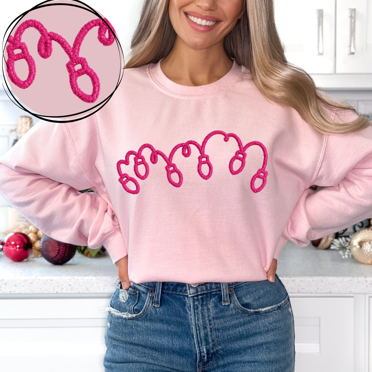 Christmas Lights Pink Chenille Style Outline Digital Download, PNG