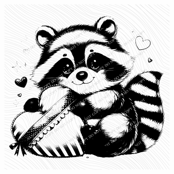 Valentine’s Raccoon Chocolates & Hearts Black Outline Digital Design, PNG