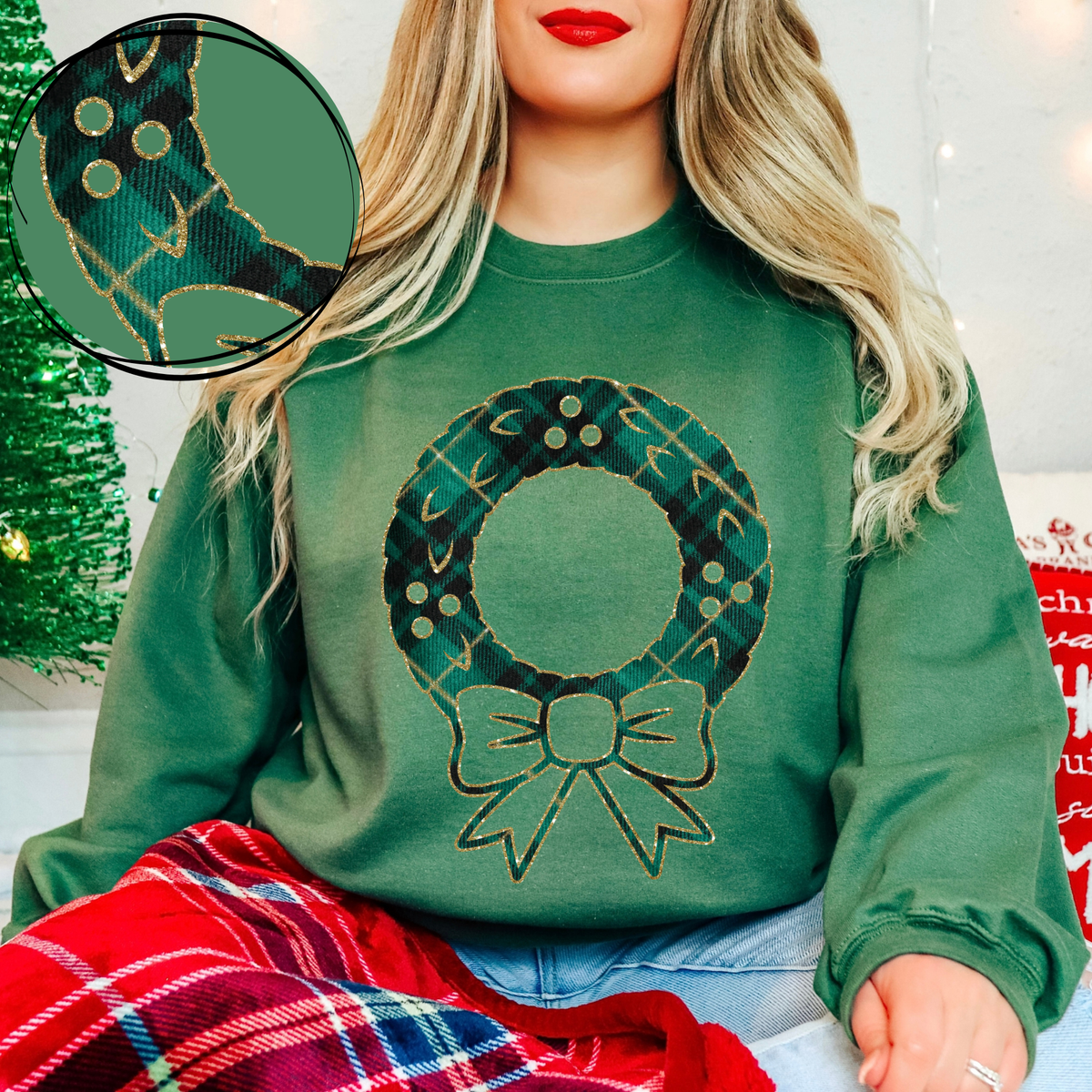 Wreath Green Plaid & Glitter Digital Download, PNG