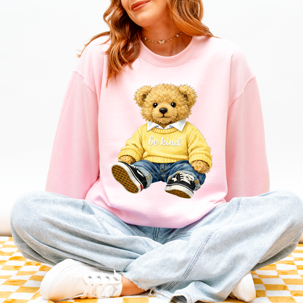 Be Kind Plush Preppy Bear in Yellow Digital Design, PNG
