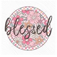 Blessed Checkered Floral Script Circle in Summery Colors Digital Design, PNG