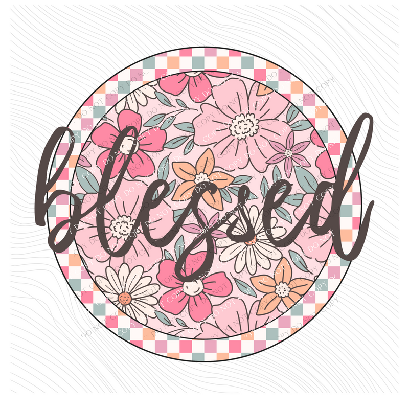 Blessed Checkered Floral Script Circle in Summery Colors Digital Design, PNG