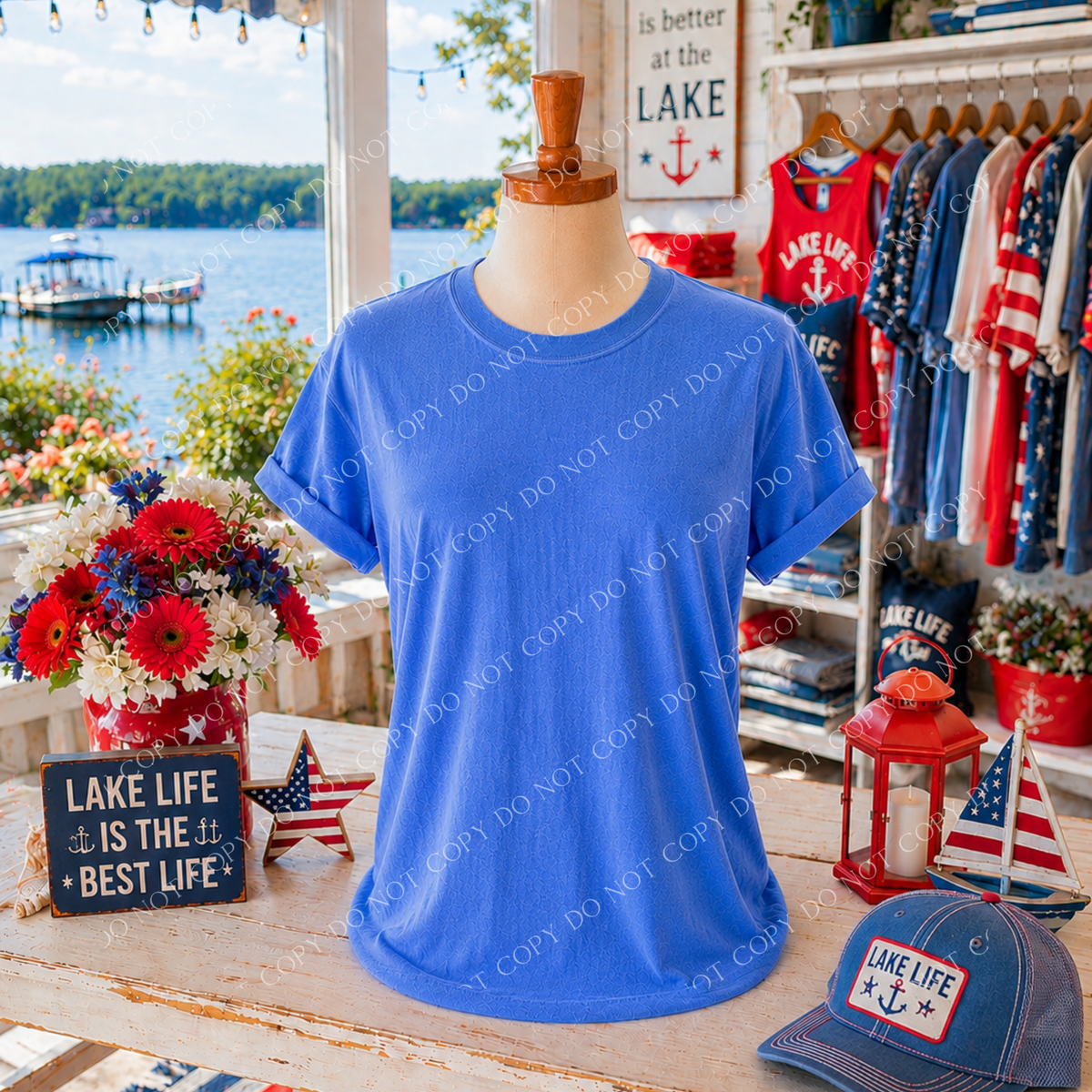 Patriotic Lake Side Blank Mockup, Comfort Colors Flo Blue