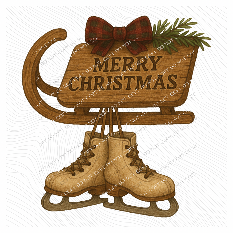Merry Christmas Sled & Ice Skates Sketch Digital Download, PNG