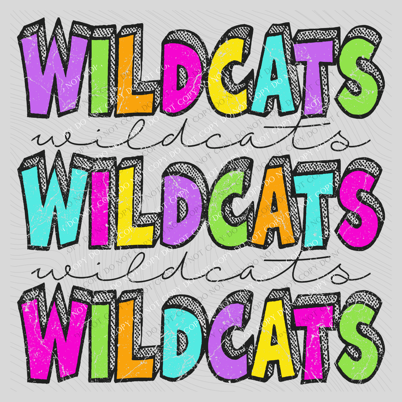Wildcats Bubble Dot Stacked Script Distressed in Neons Digital Design, PNG