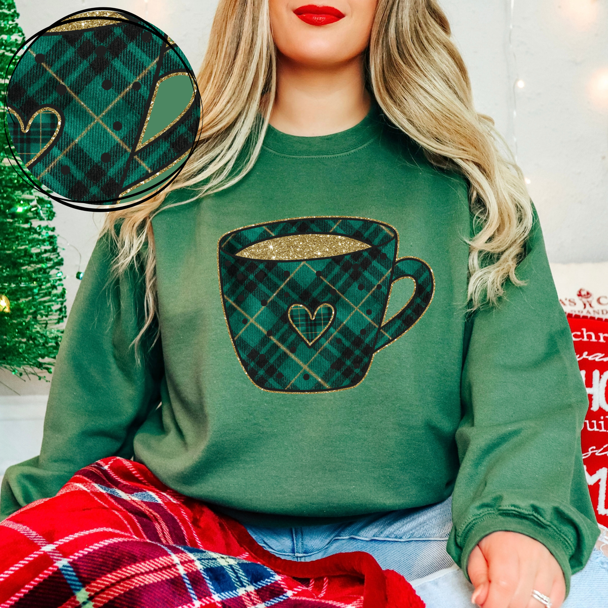 Coffee Mug Green Plaid & Glitter Digital Download, PNG