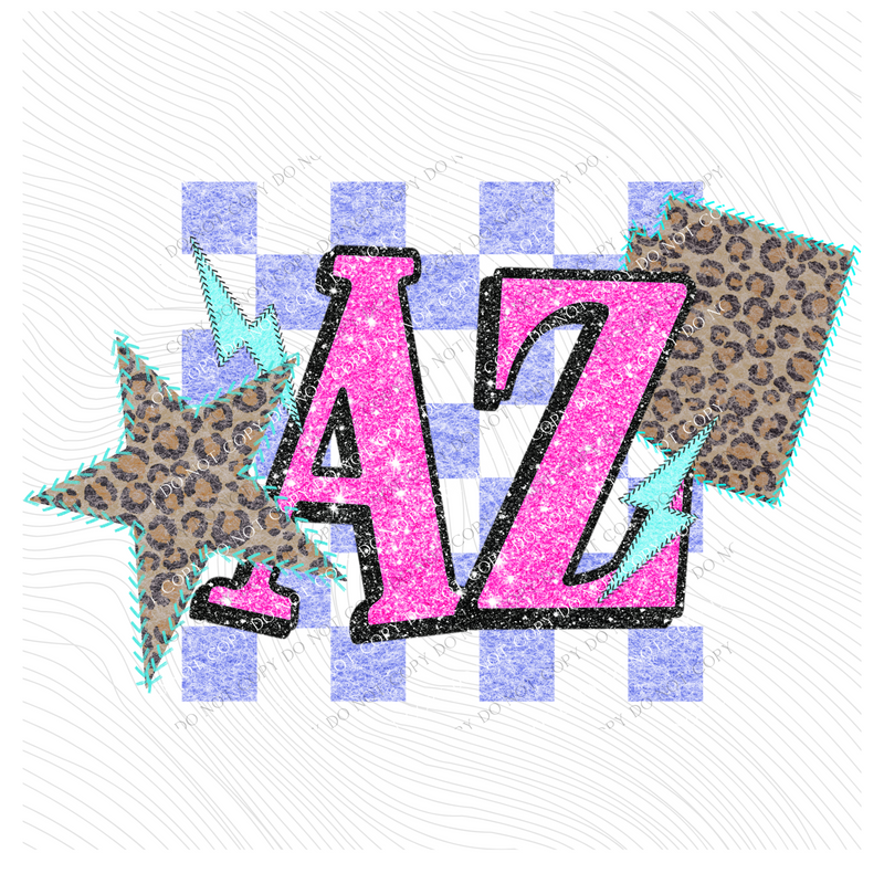Arizona Leopard Checkered Glitter Star & Stitched Bolt & State in Bright Summer Colors Digital Design, PNG