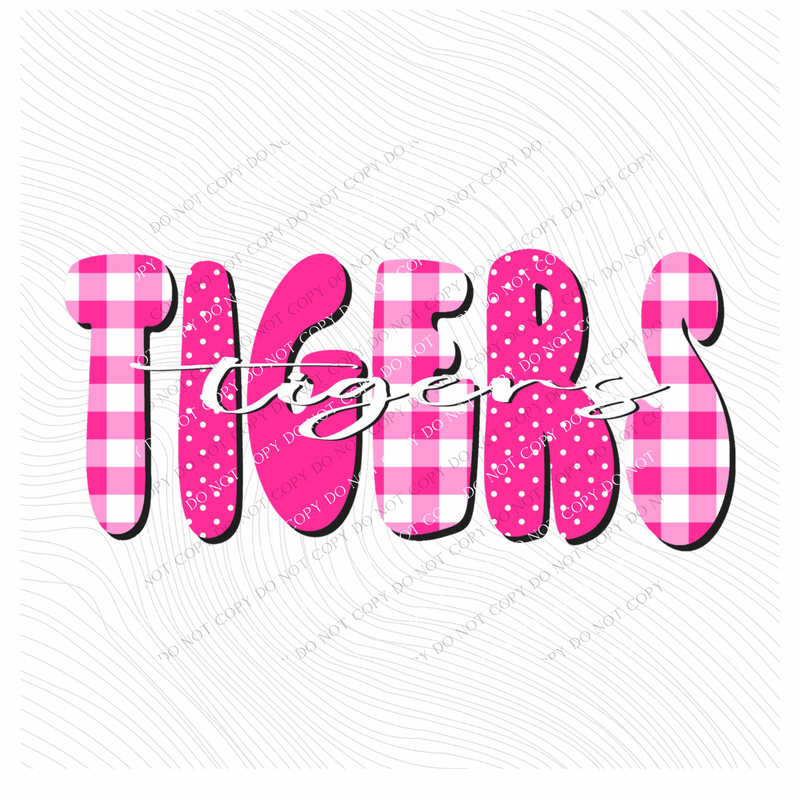 Tigers Gingham Dots Groovy Script in Pink & White Digital Design, PNG