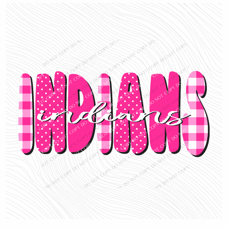 Indians Gingham Dots Groovy Script in Pink & White Digital Design, PNG
