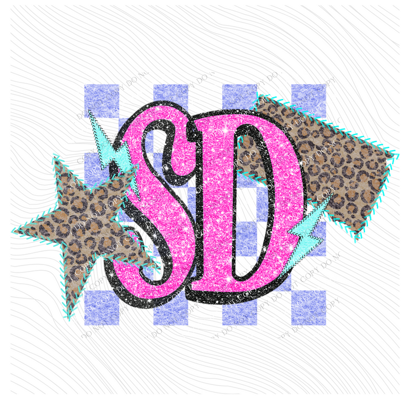 South Dakota Leopard Checkered Glitter Star & Stitched Bolt & State in Bright Summer Colors Digital Design, PNG