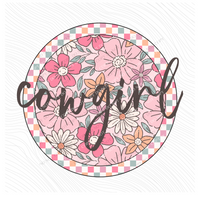 Cowgirl Checkered Floral Script Circle in Summery Colors Digital Design, PNG