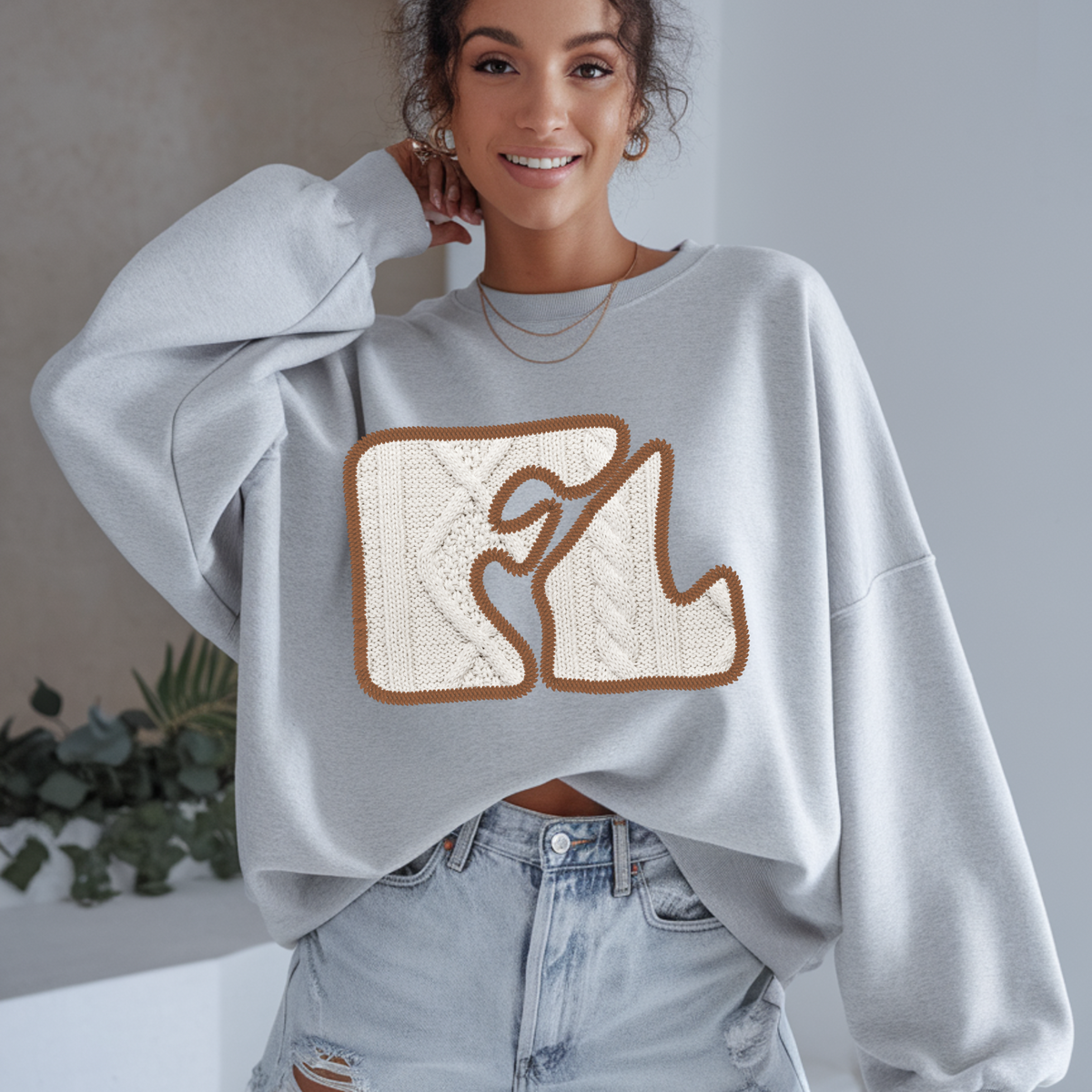 Florida FL Sweater Patch in Cream & Brown Digital Design, PNG