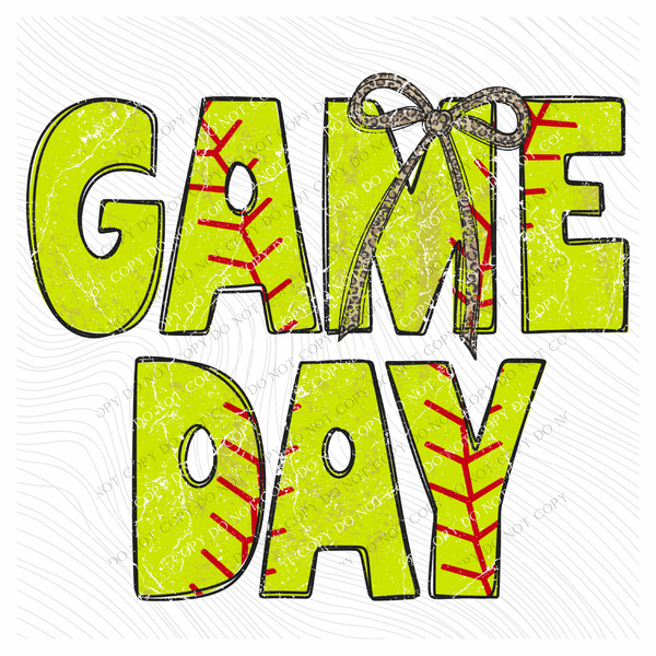 Game Day Softball Stitch Leopard Bow Doodle Distressed Digital Design, PNG