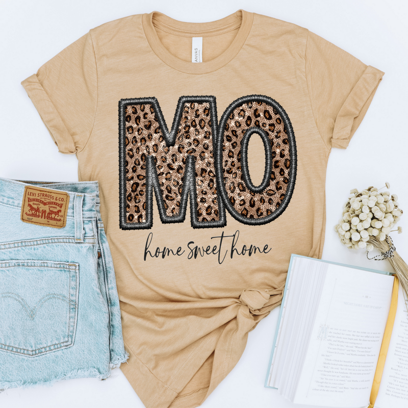 MO Missouri Faux Embroidery Leopard Sequin with separate Home Sweet Home Script in Black,  Digital Design, PNG