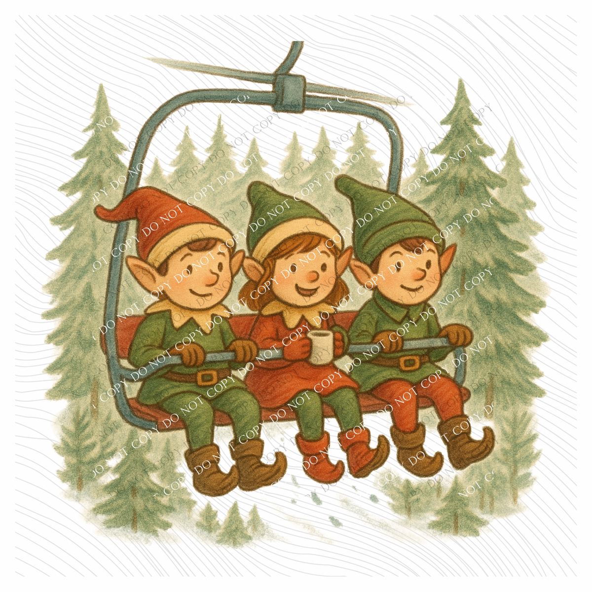 Elves on Ski Lift Sketch Digital Download, PNG