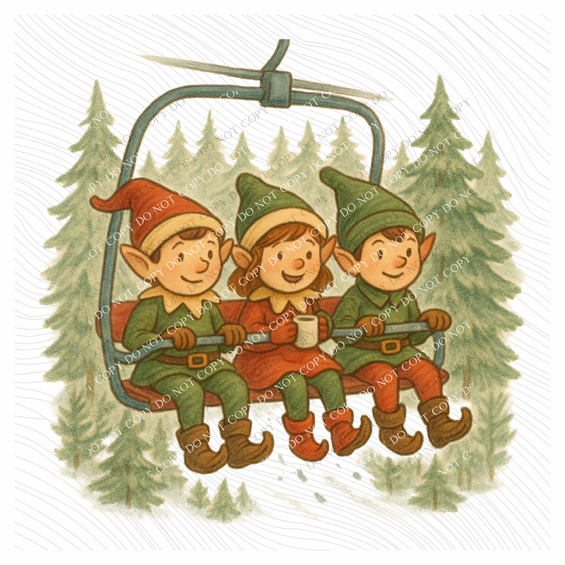 Elves on Ski Lift Sketch Digital Download, PNG