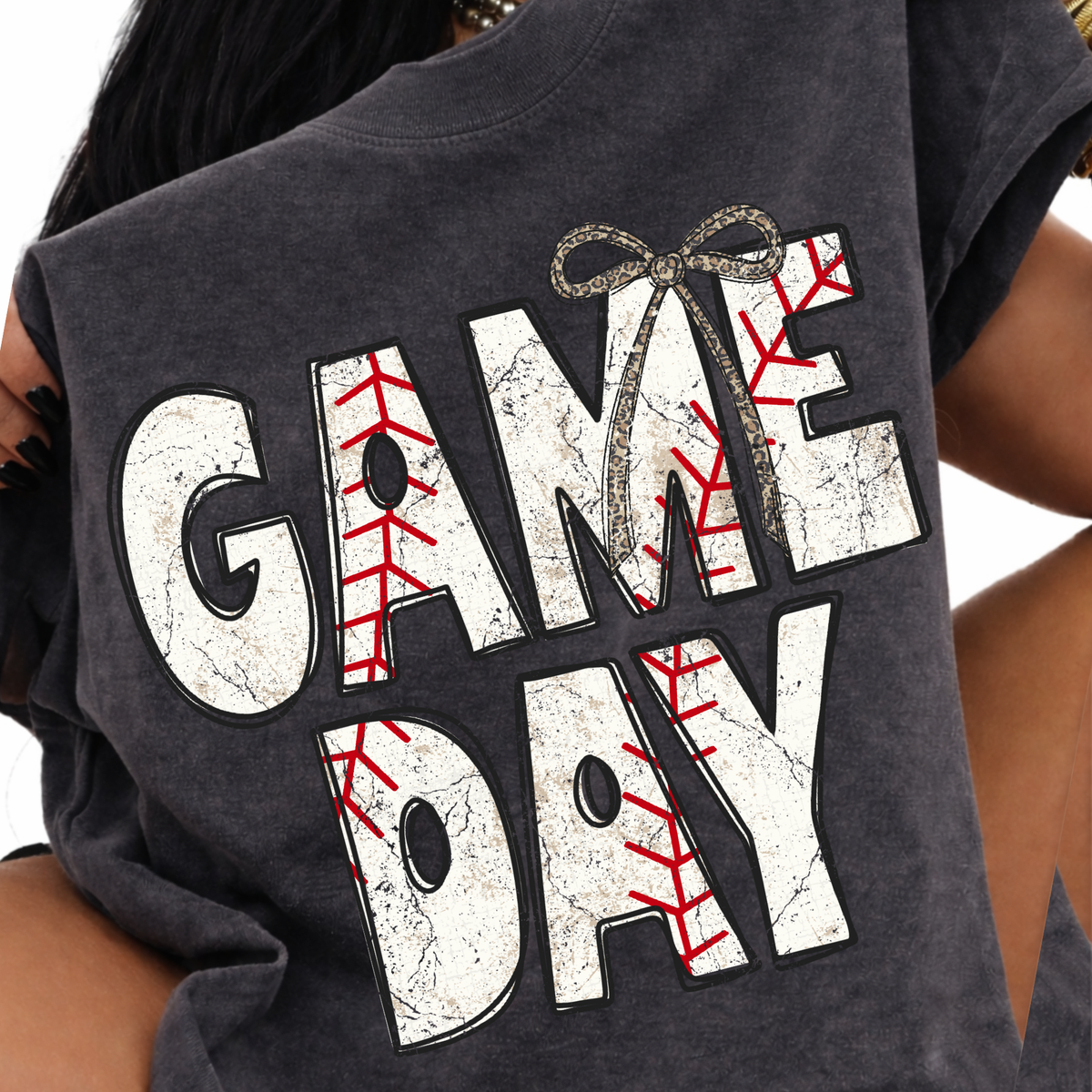 Game Day Baseball Stitch Leopard Bow Doodle Distressed Digital Design, PNG