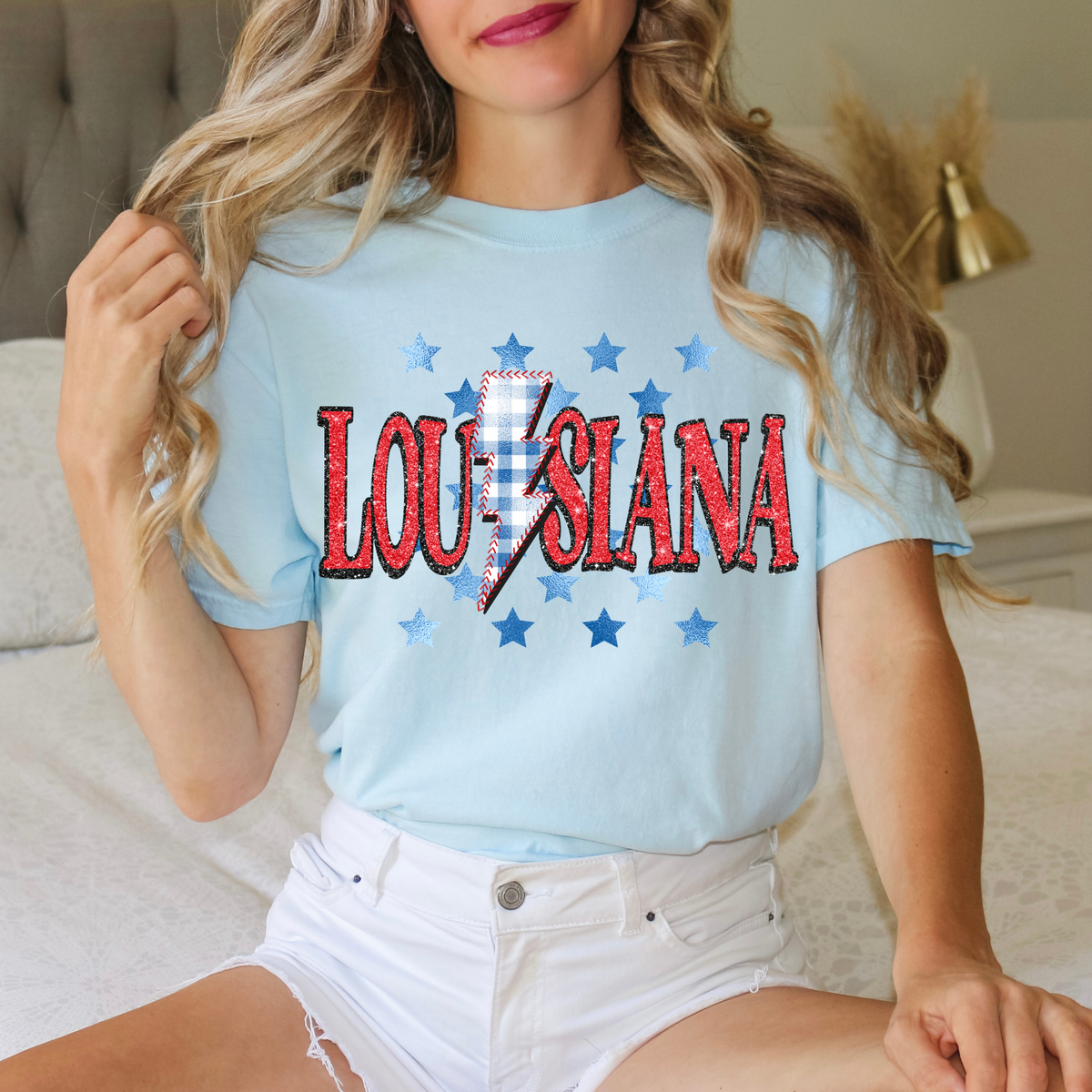 Louisiana Glitter with Foil Stars & Gingham Stitched Bolt in Red, White & Blue Patriotic Digital Design, PNG
