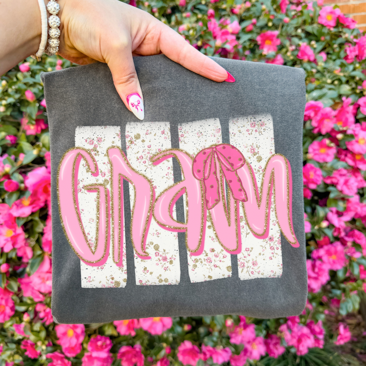 Gram Floral Distressed Stripes, Glitter & Bow Coquette Digital Design, PNG