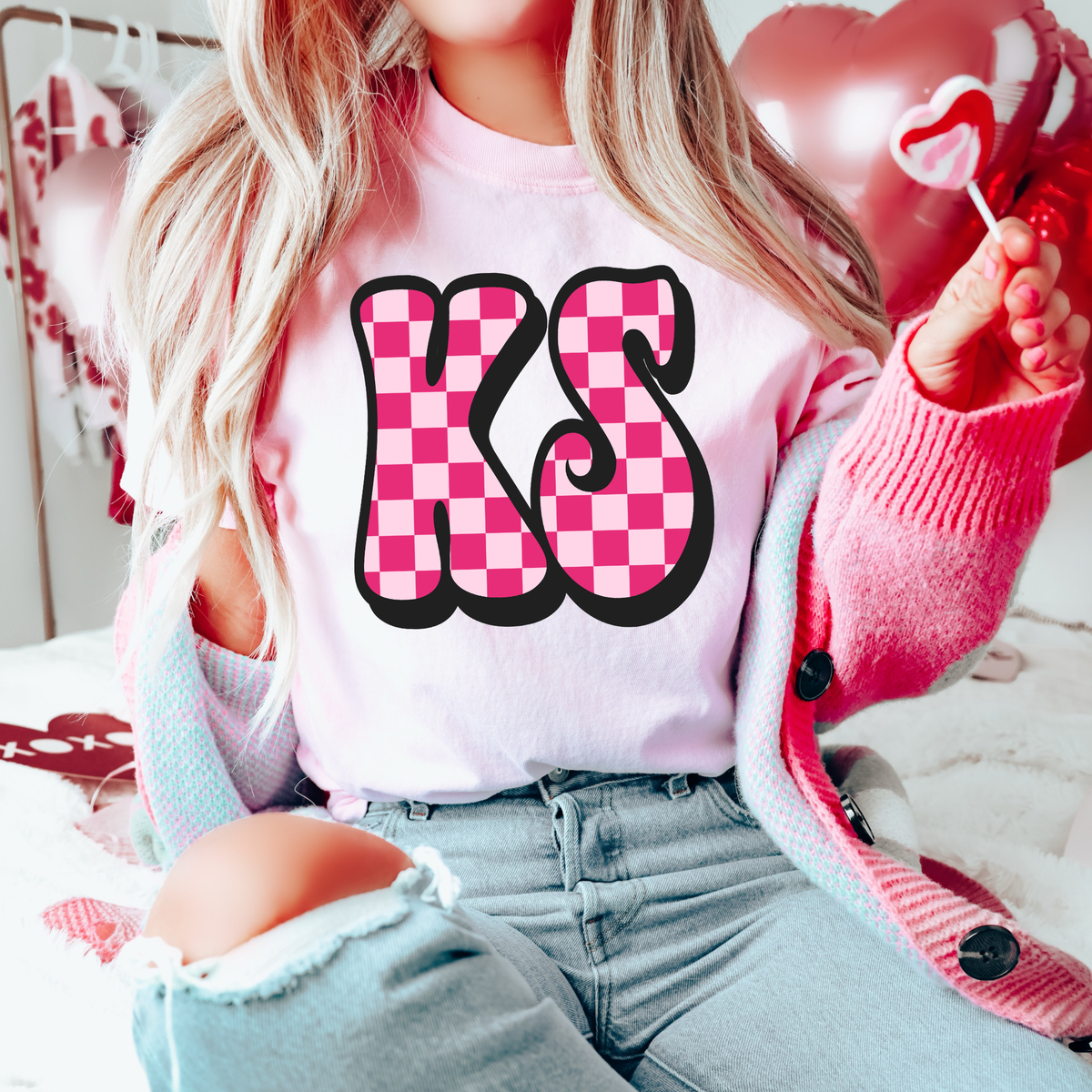 KS Kansas Retro Checkers in Pinks Digital Design, PNG