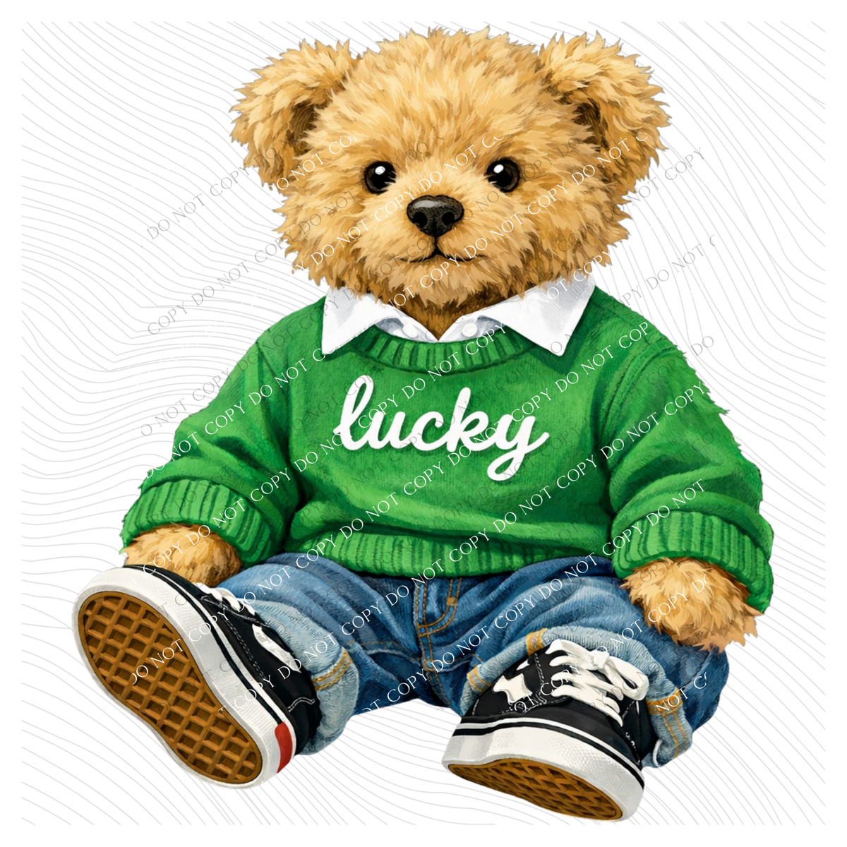 Lucky Plush Preppy Bear in Green Digital Design, PNG