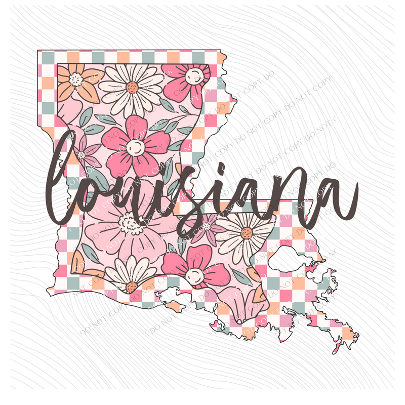 Louisiana Checkered Floral in Summery Colors Digital Design, PNG