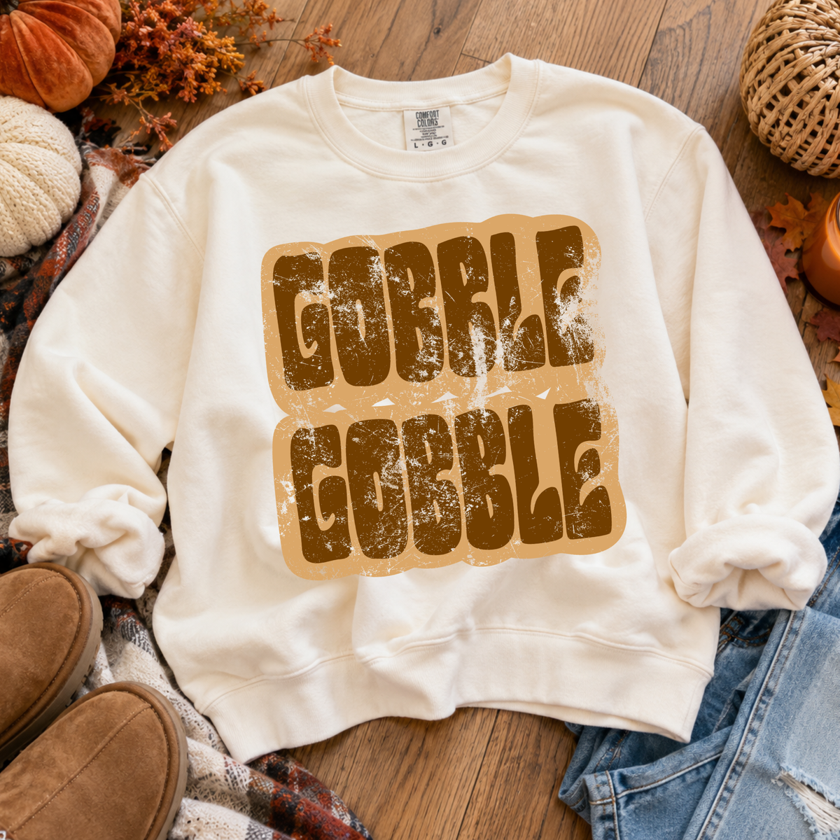 Gobble Gobble Retro Shadow Brown Distressed Digital Design, PNG