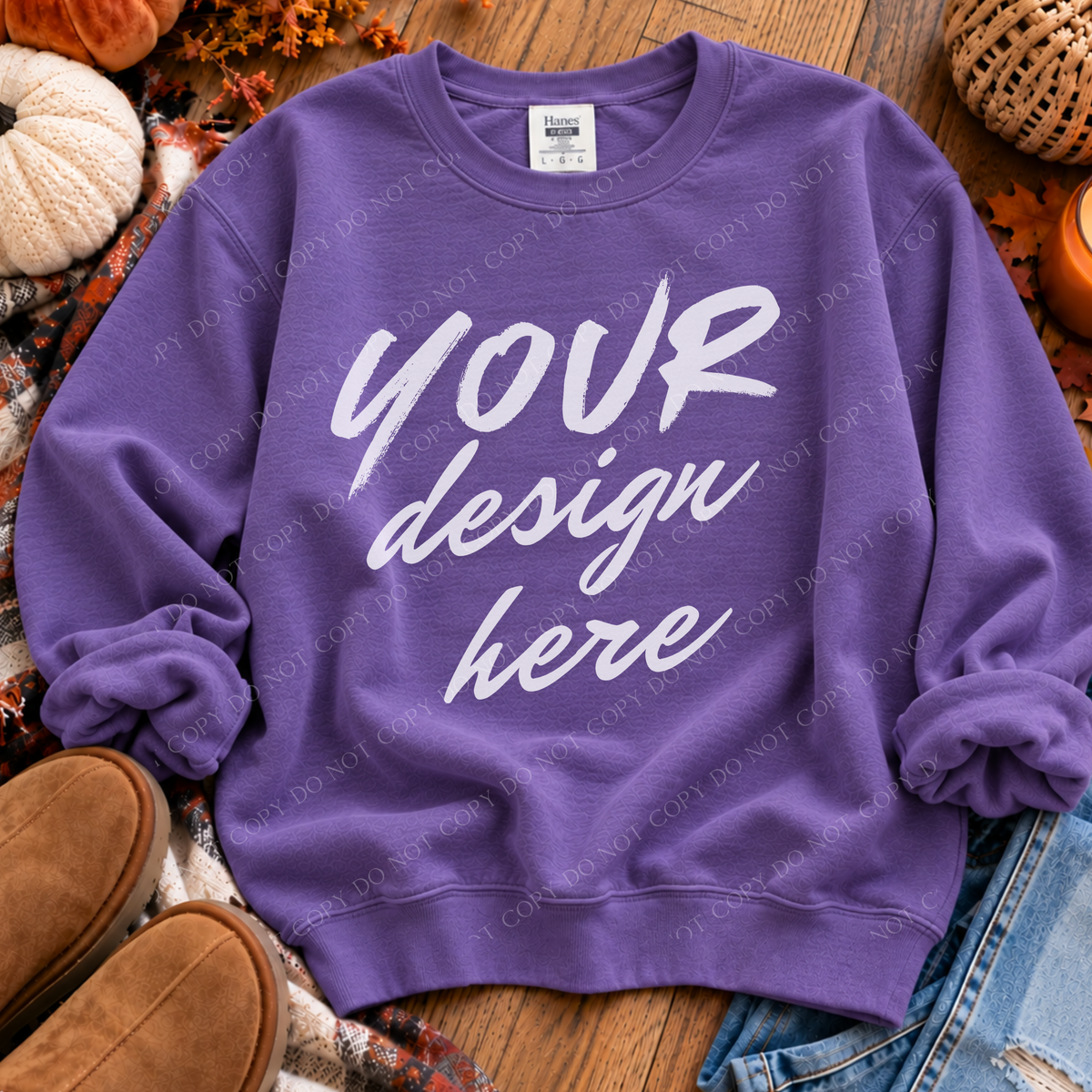 Fall Sweatshirt Flatlay Mockup, Hanes 1607 Purple