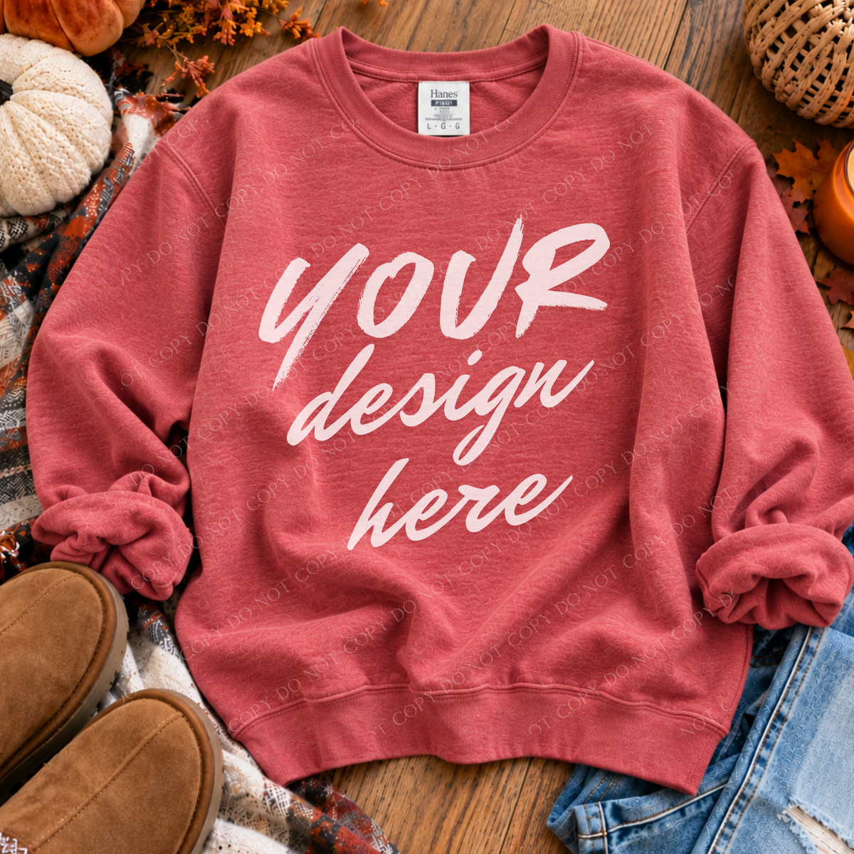 Fall Sweatshirt Flatlay Mockup, Hanes 1607 Heather Red