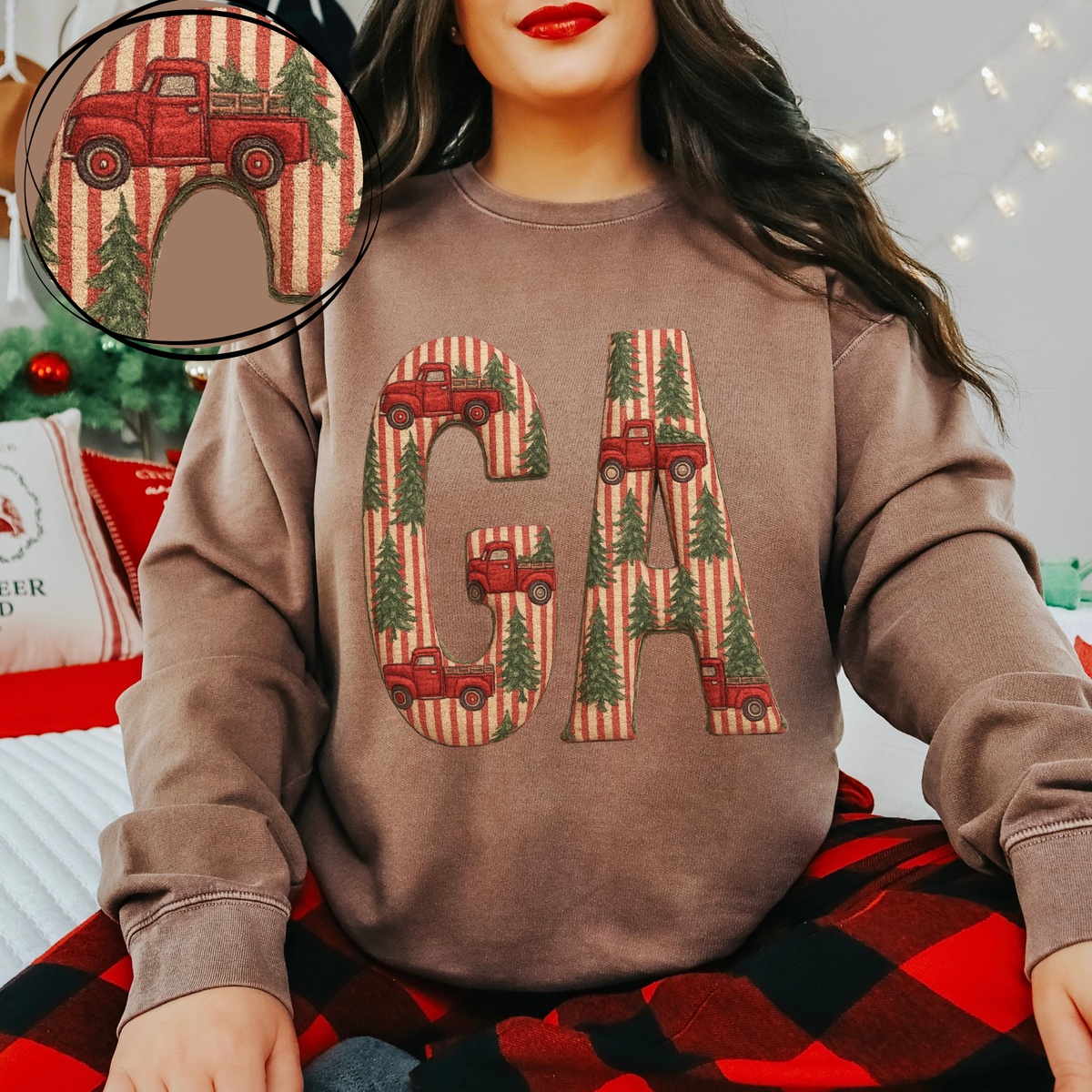 GA Georgia Striped Christmas Red Truck 3D Texture Fabric Style Digital Download, PNG